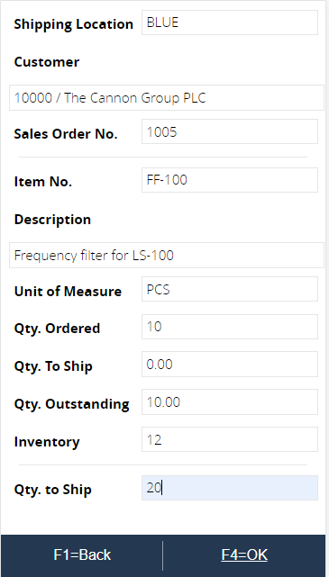 Enter quantity to ship