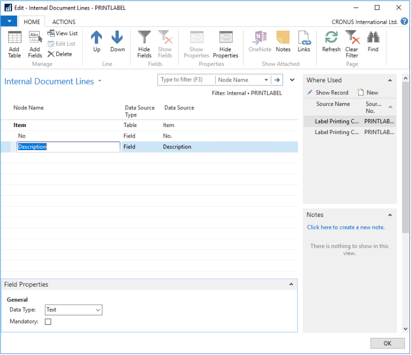 Label Example Internal Document Table and Fields