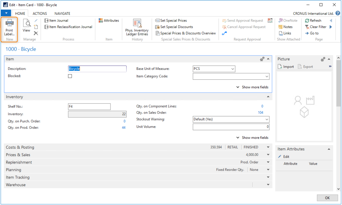 Label Example Item Page